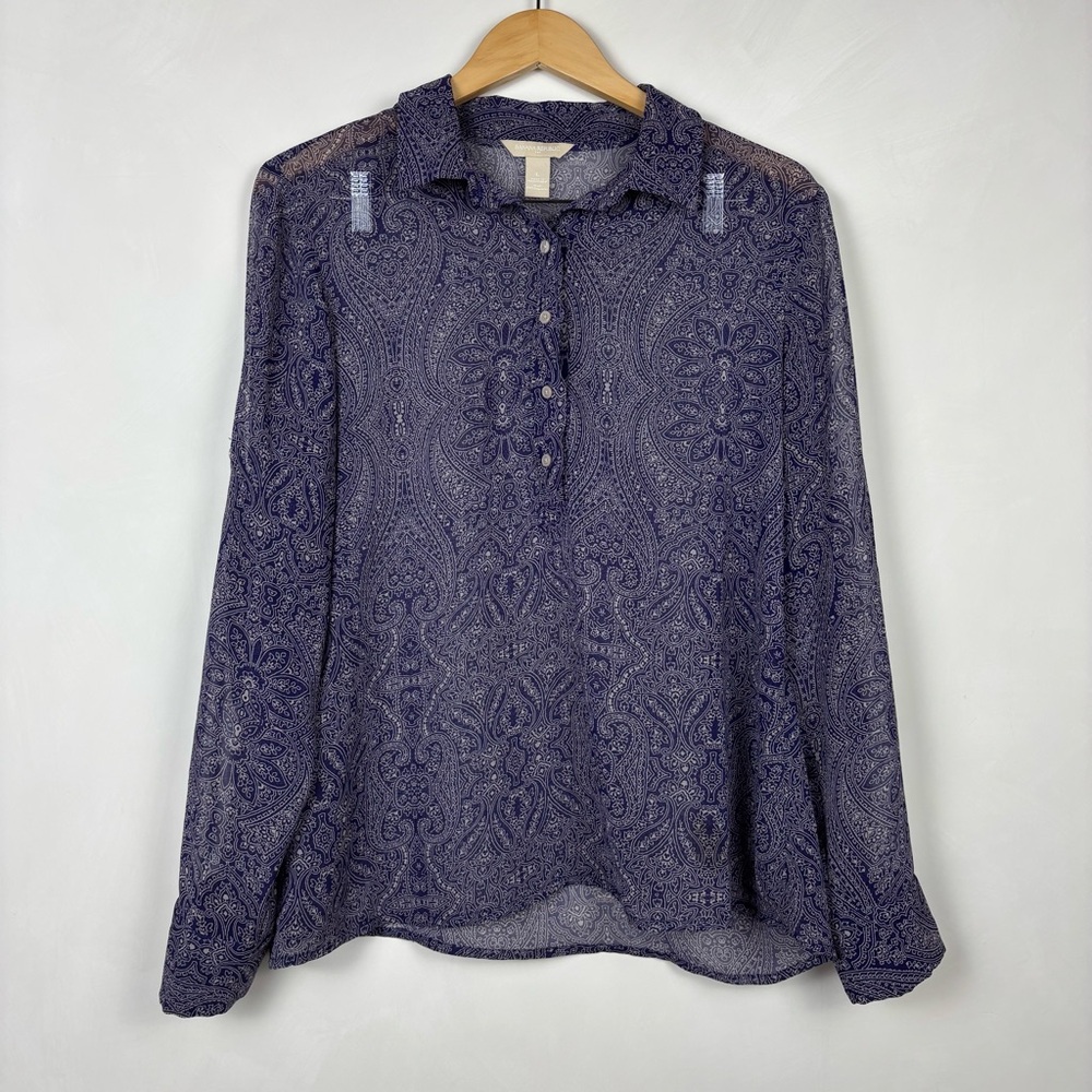 Banana Republic Purple Paisley Sheer Button-Front Blouse